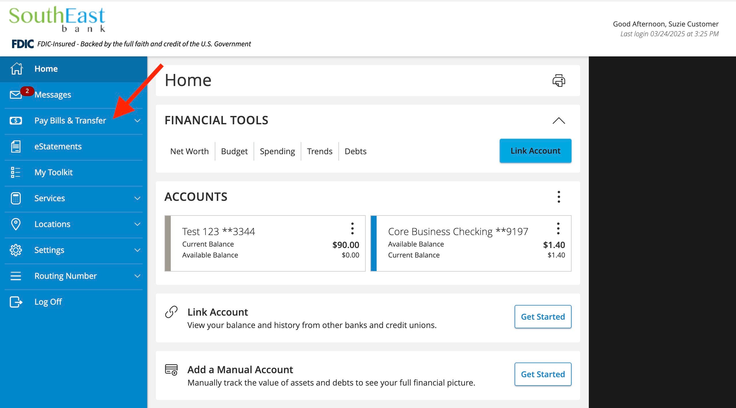 southeast bank online banking internal transfers